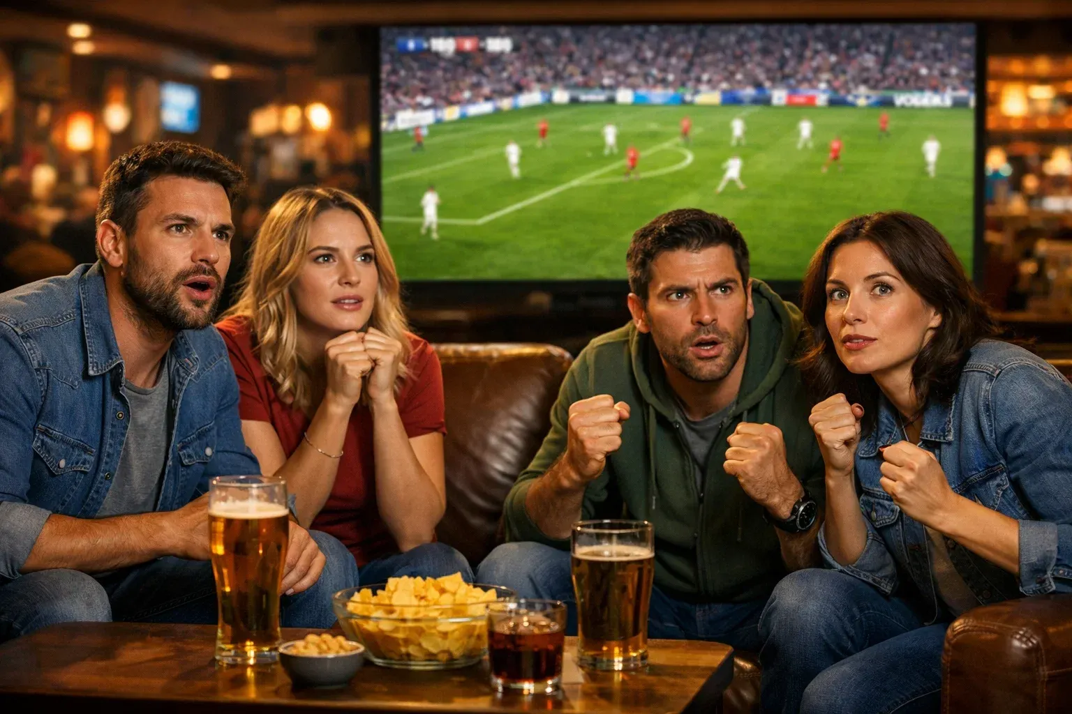 Grupo de aficionados viendo partido de fútbol en pantalla grande en establecimiento
