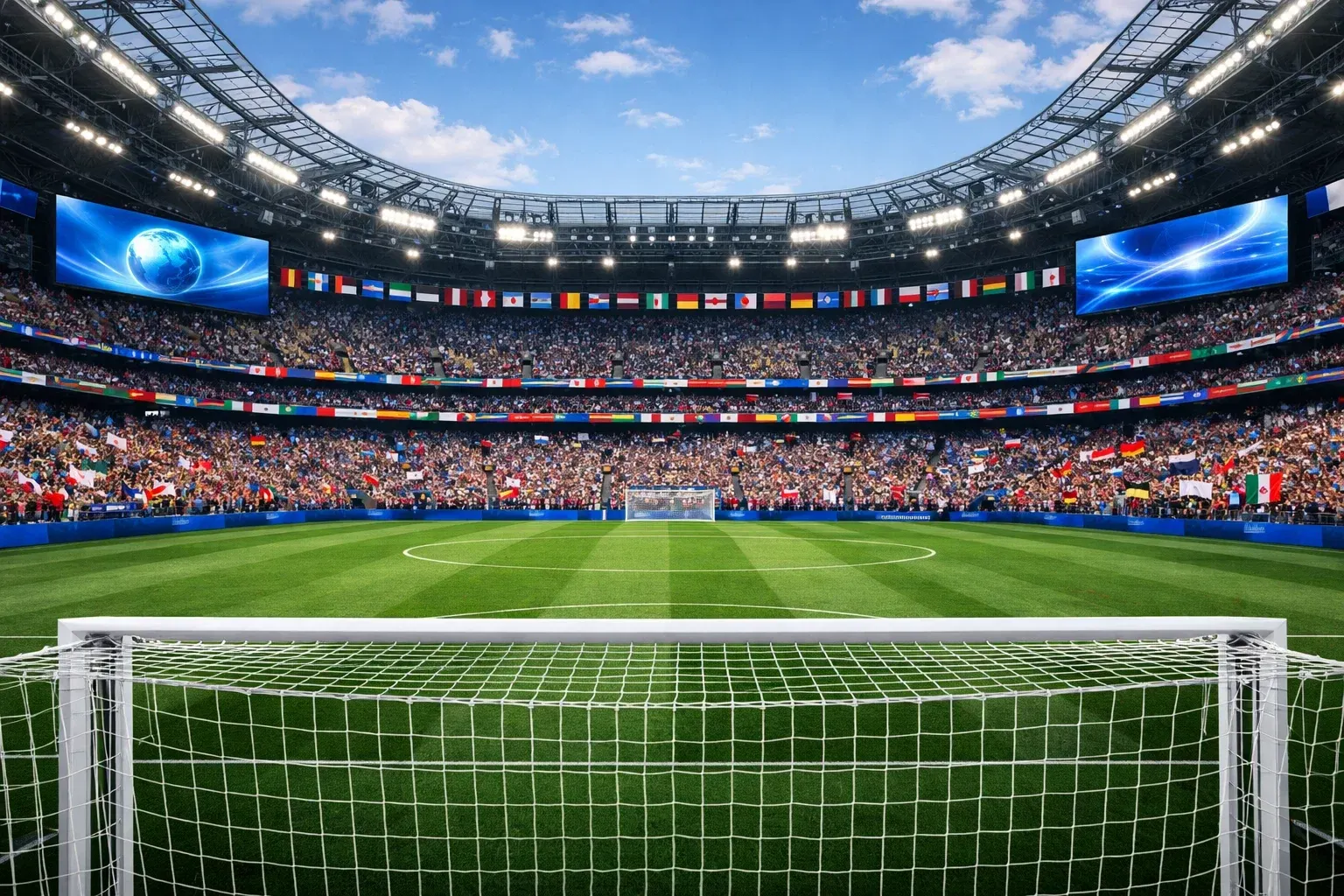 Estadio de fútbol con banderas de competiciones internacionales y público en tribunas