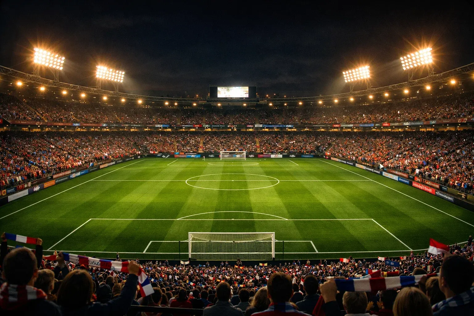Estadio de fútbol iluminado durante un partido nocturno con aficionados en las gradas
