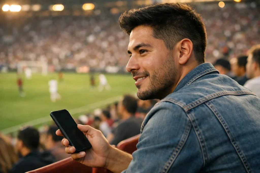 Aficionado viendo un partido de fútbol en el estadio con ambiente emocionante