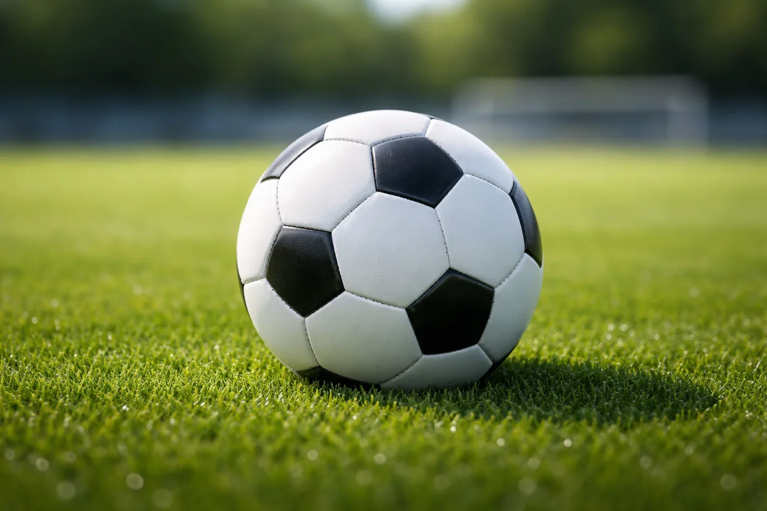 Balón de fútbol sobre césped verde de un campo profesional