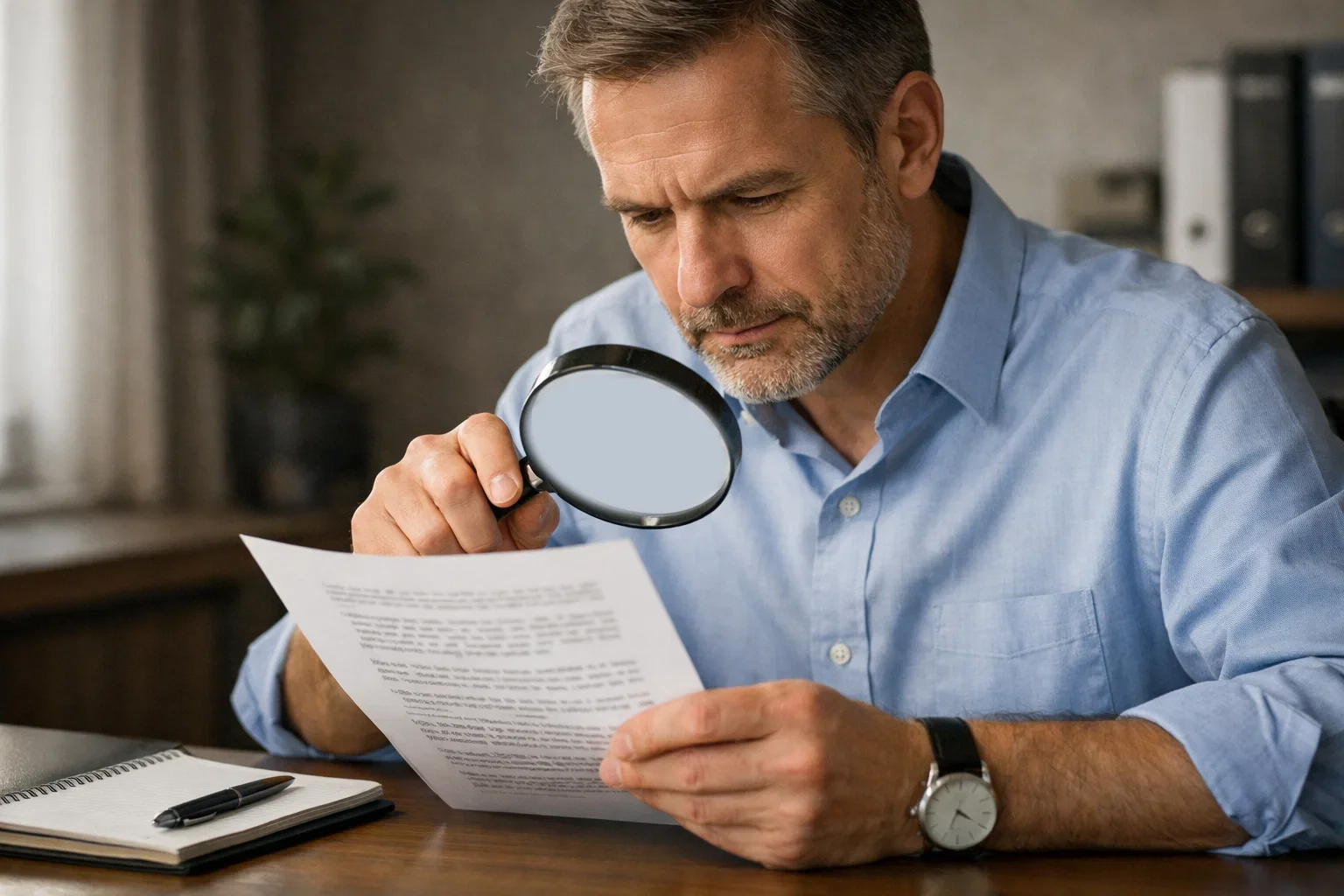 Persona leyendo atentamente un contrato con lupa