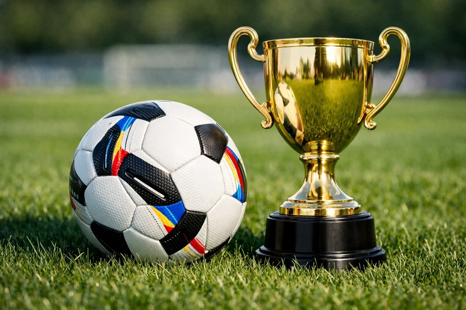 Balón de fútbol junto a un trofeo dorado sobre césped