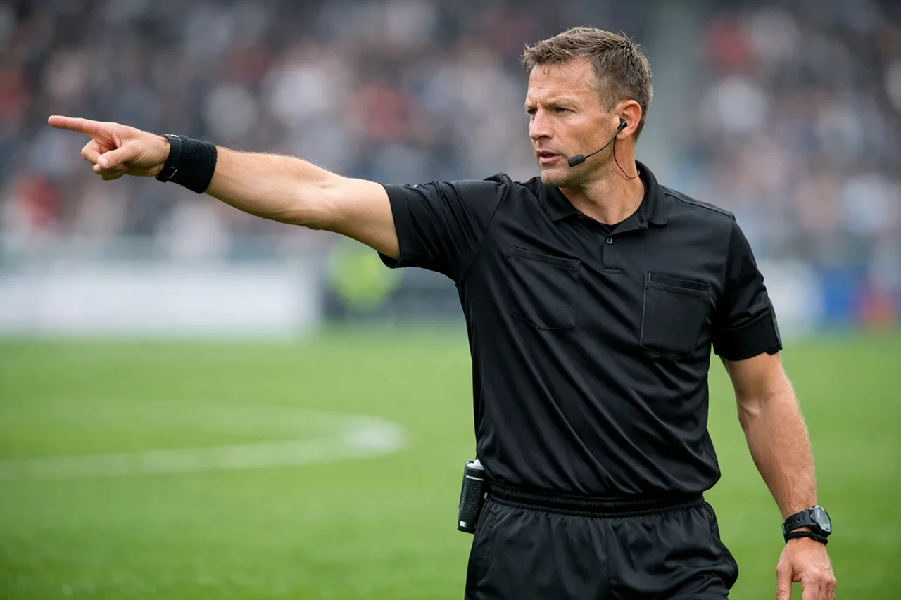 Árbitro de fútbol señalando con el brazo en el campo de juego