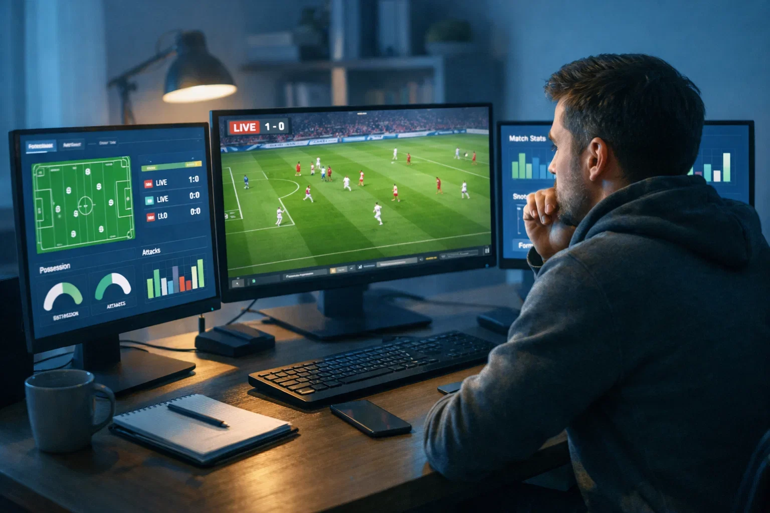 Persona concentrada mirando múltiples pantallas con datos deportivos