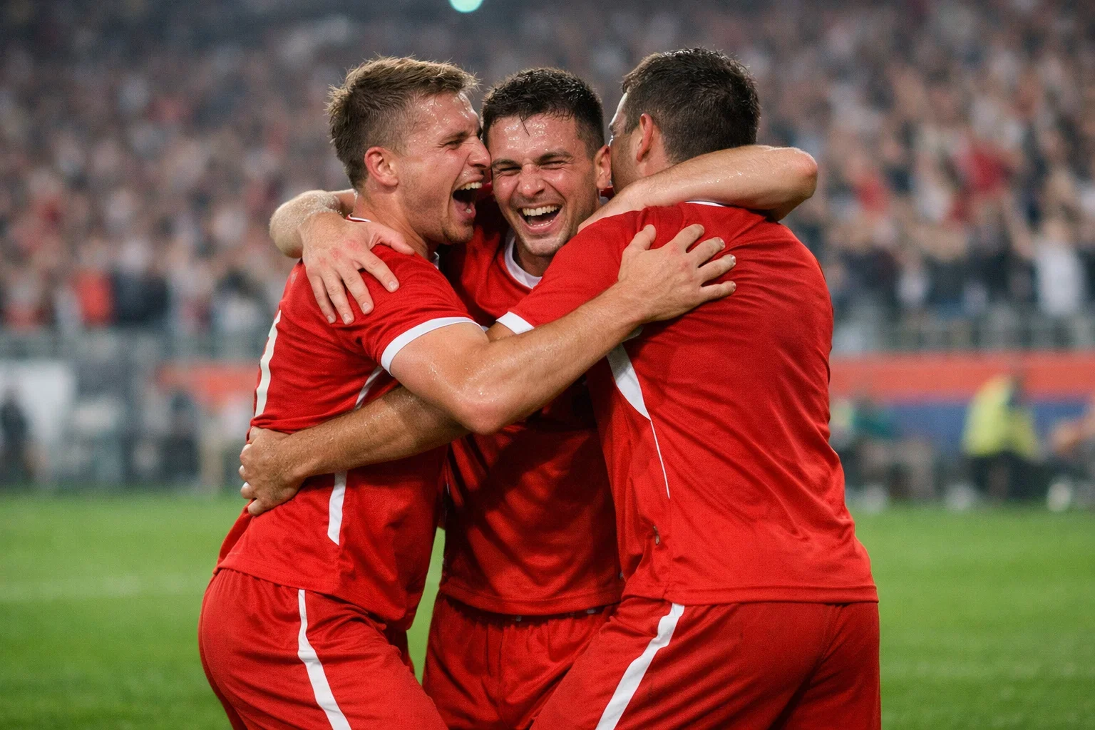 Jugadores de fútbol celebrando un gol con abrazo en el campo
