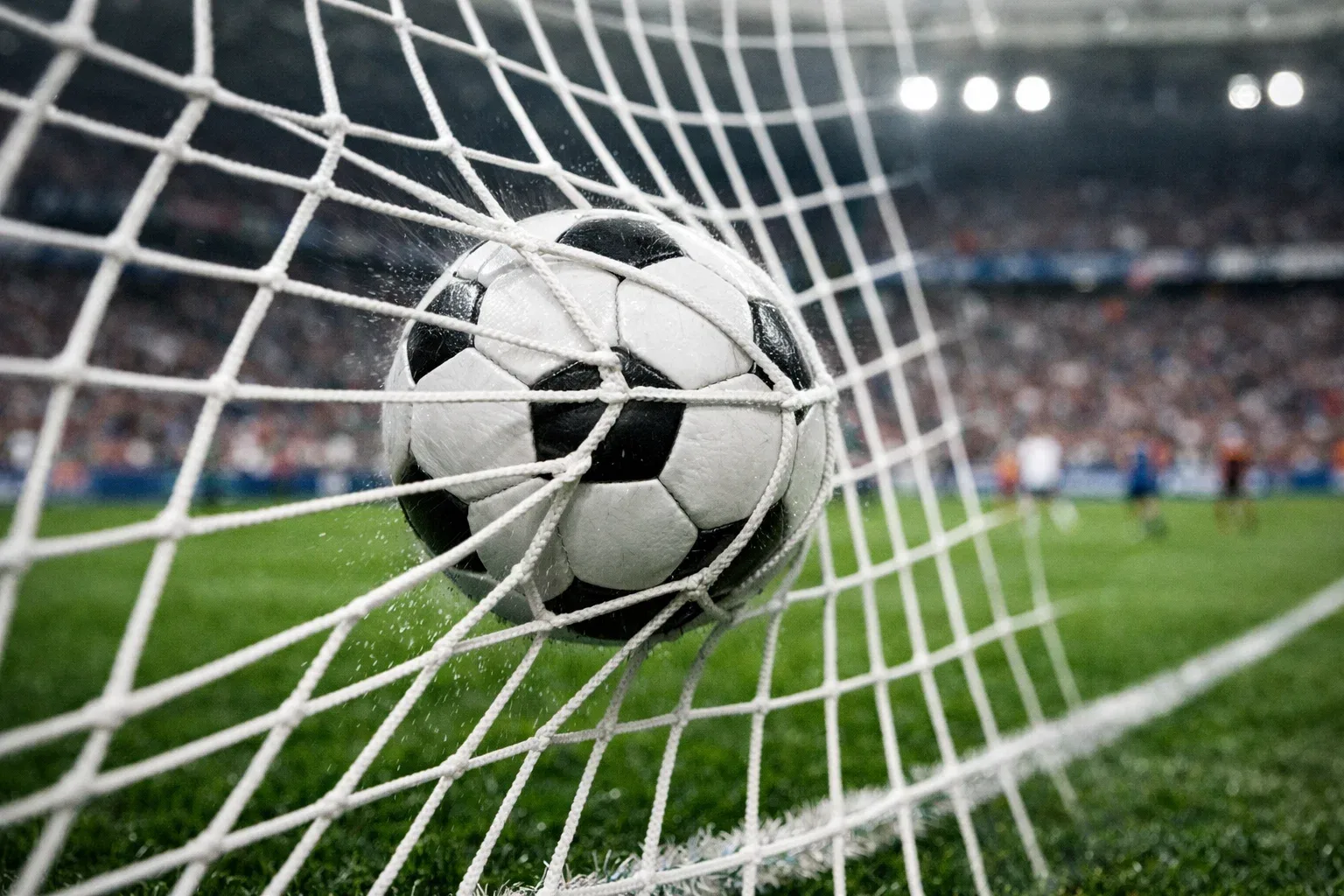 Balón entrando en la portería de fútbol con red ondeando