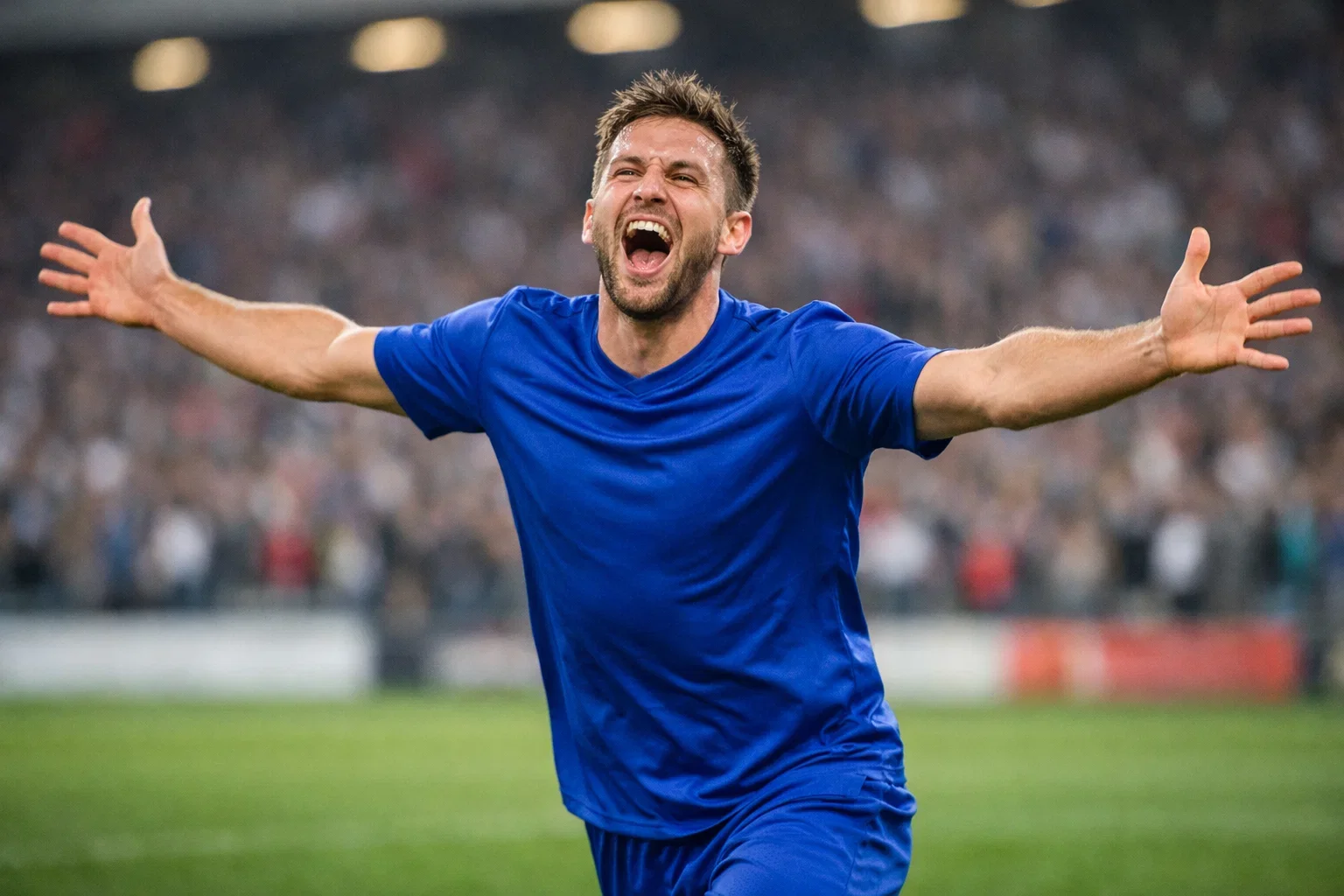 Delantero de fútbol celebrando gol con los brazos abiertos