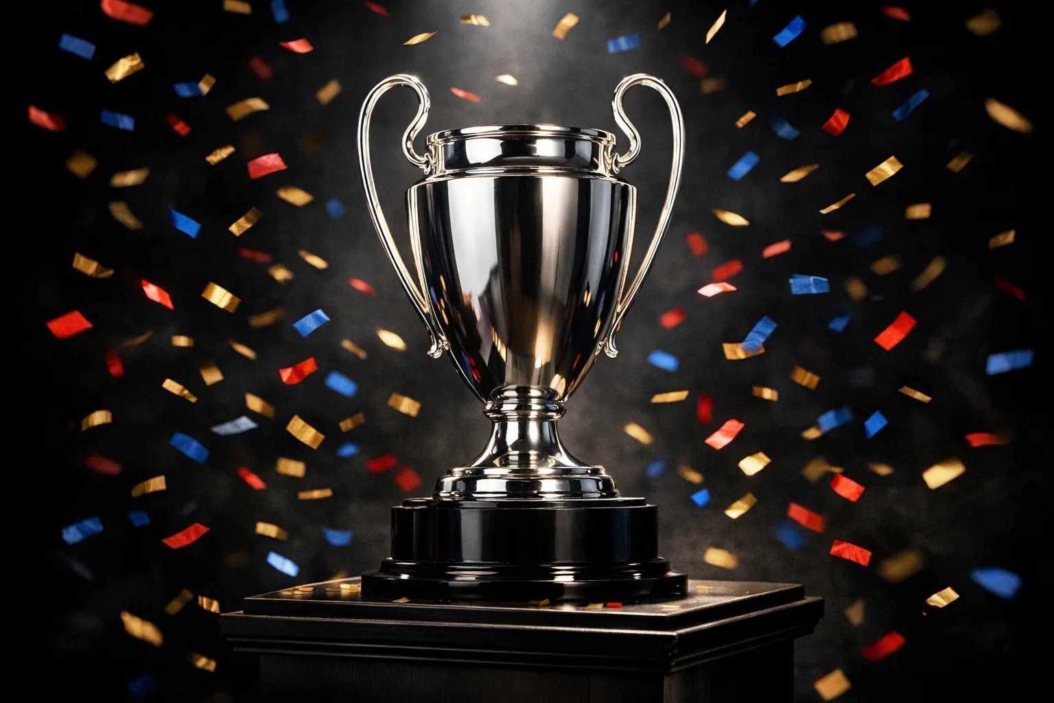 Trofeo de liga de fútbol sobre pedestal con confeti
