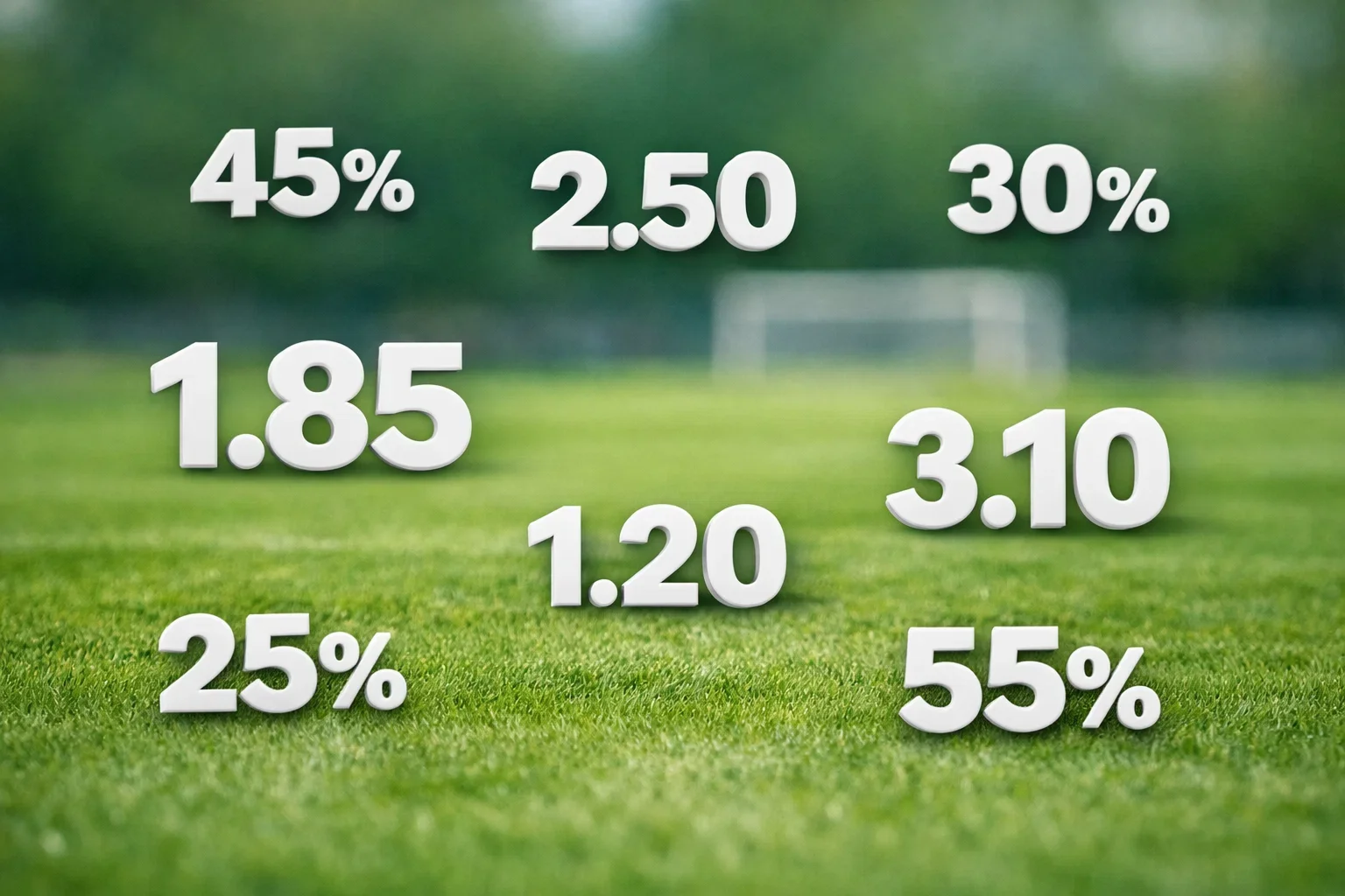 Números decimales y porcentajes sobre fondo de campo de fútbol