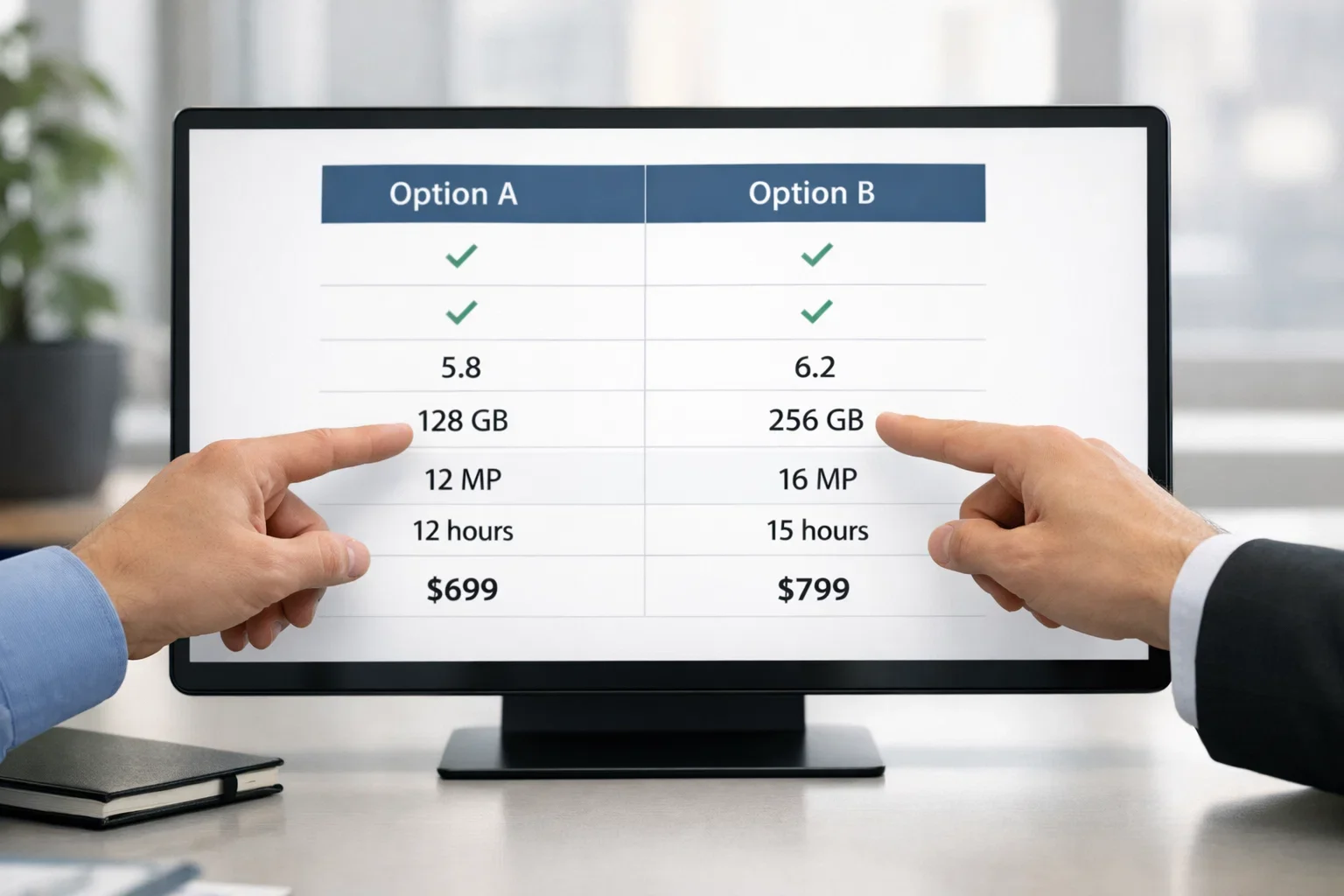 Manos señalando dos opciones diferentes en una pantalla