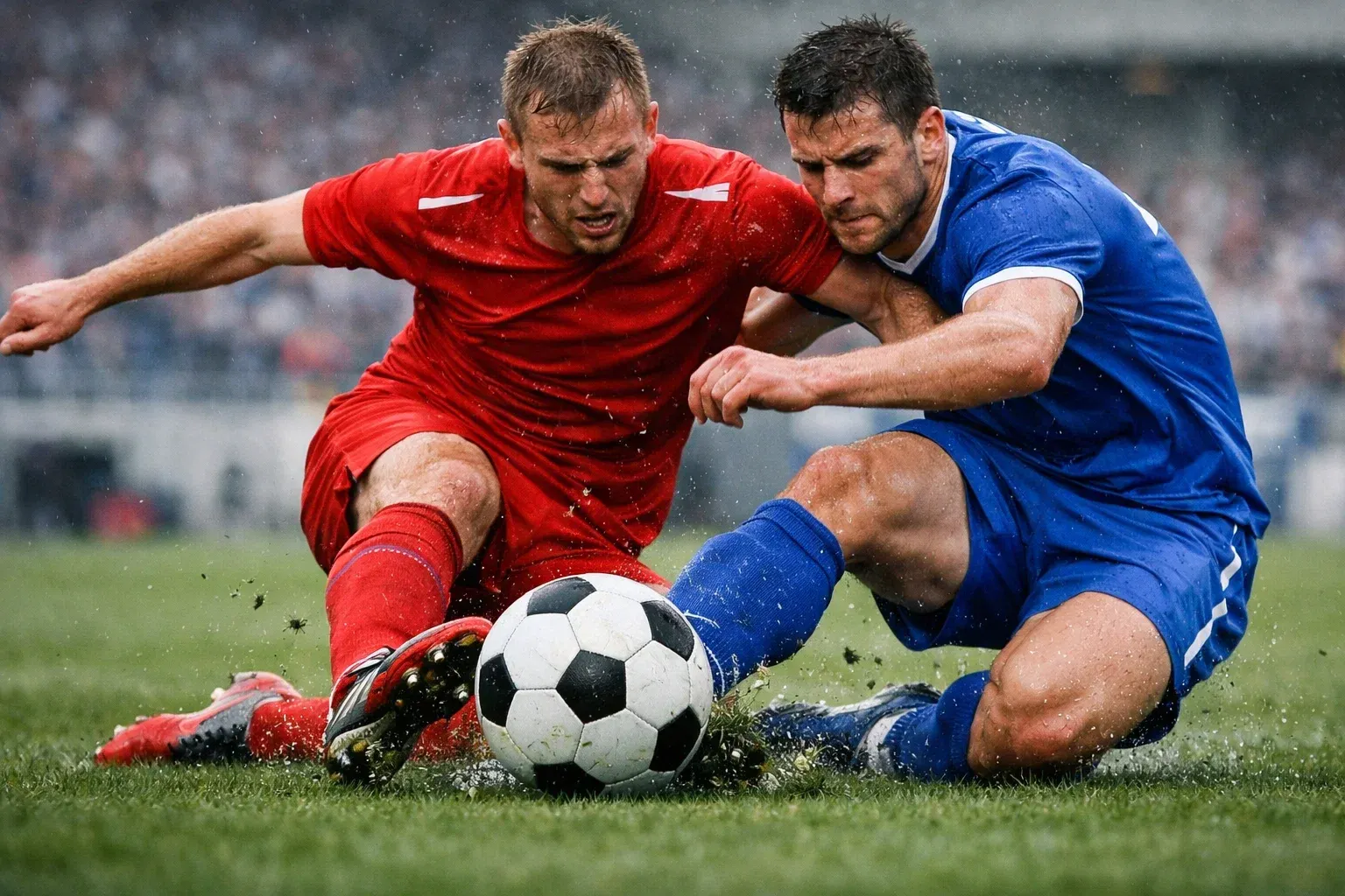Dos jugadores de fútbol disputando el balón en césped natural durante partido