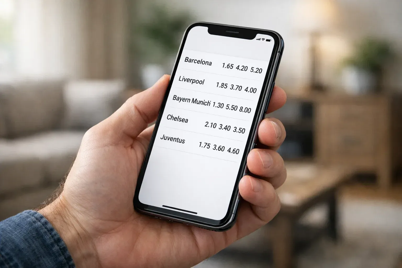 Mano sosteniendo smartphone con interfaz de plataforma de apuestas deportivas